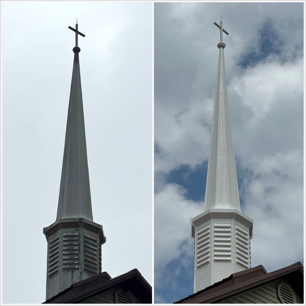Actual church steeple cleaning before and after, full steeple view
