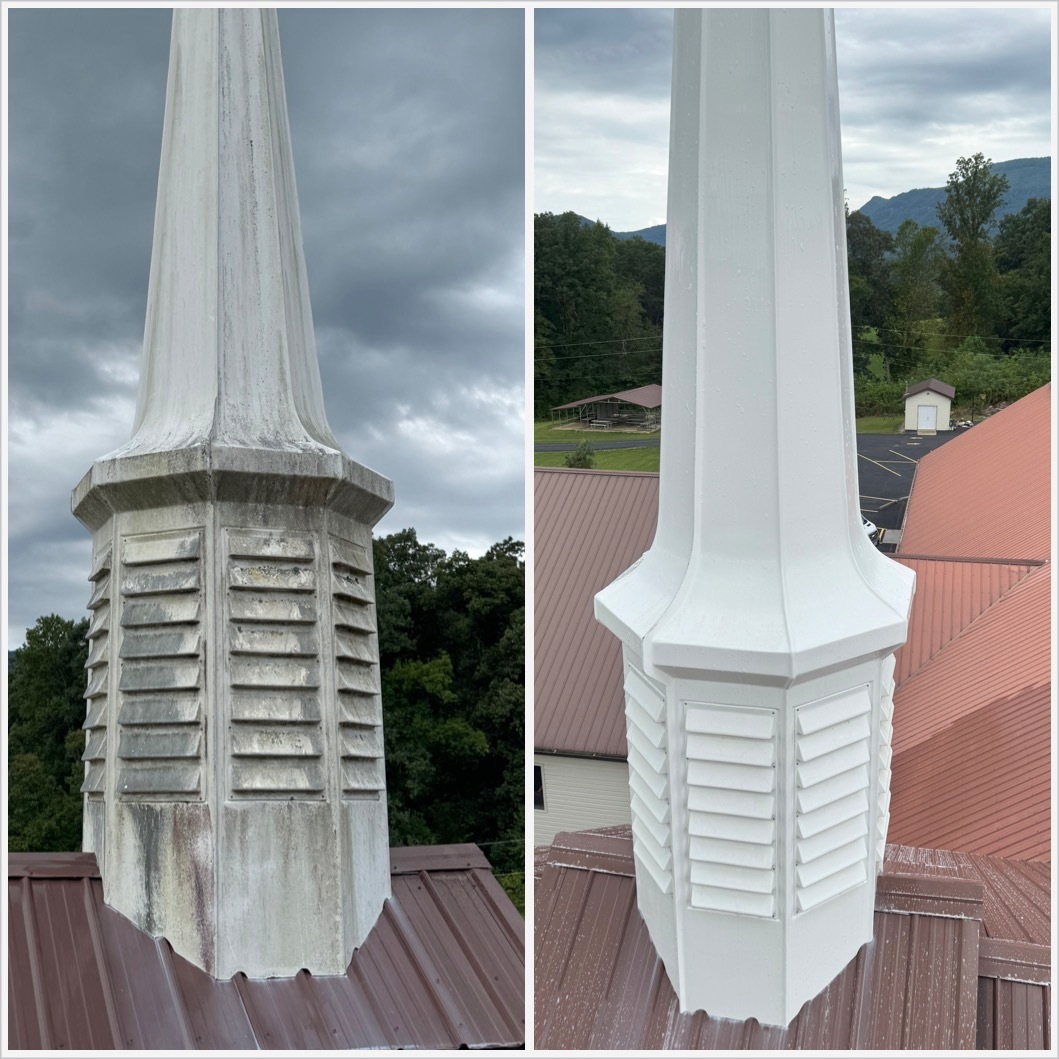 Original church steeple detail view before and after, exposure corrected