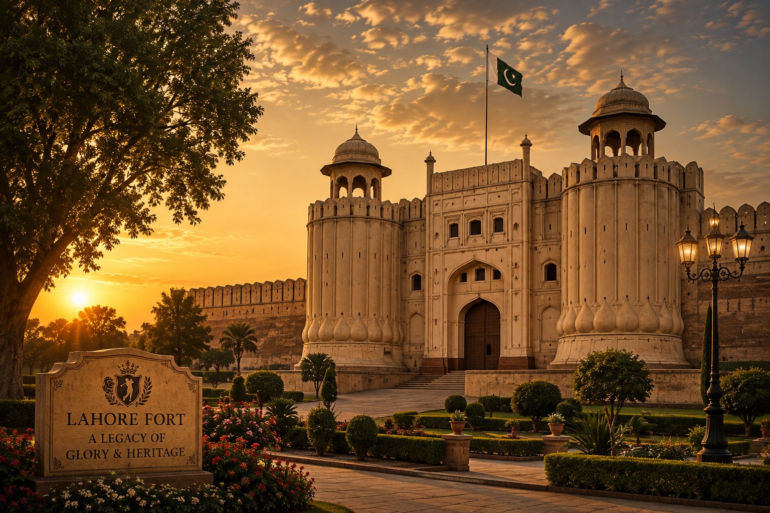The Alamgiri Gate of Lahore Fort at sunset, its bastions and chhatris lit gold beneath the Pakistan flag.