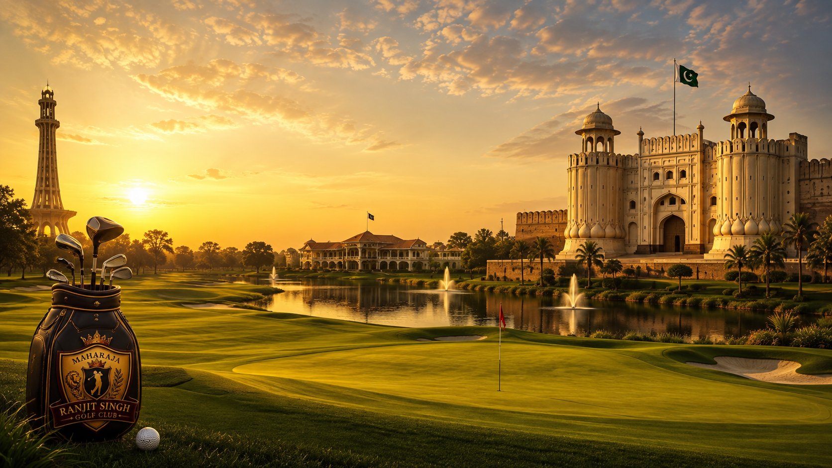 A championship green at golden hour with the Maharaja Ranjit Singh Golf Club bag in the foreground, the clubhouse and lake beyond, and Lahore Fort rising to the right.