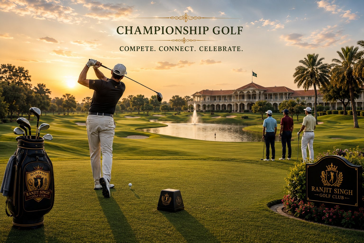 A player at the top of the follow-through on the tee at golden hour, three playing partners waiting on the fairway and the clubhouse across the lake.