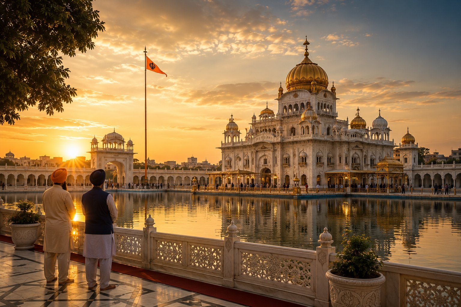 Visitors at the edge of a sarovar before a marble Gurdwara at sunrise.
