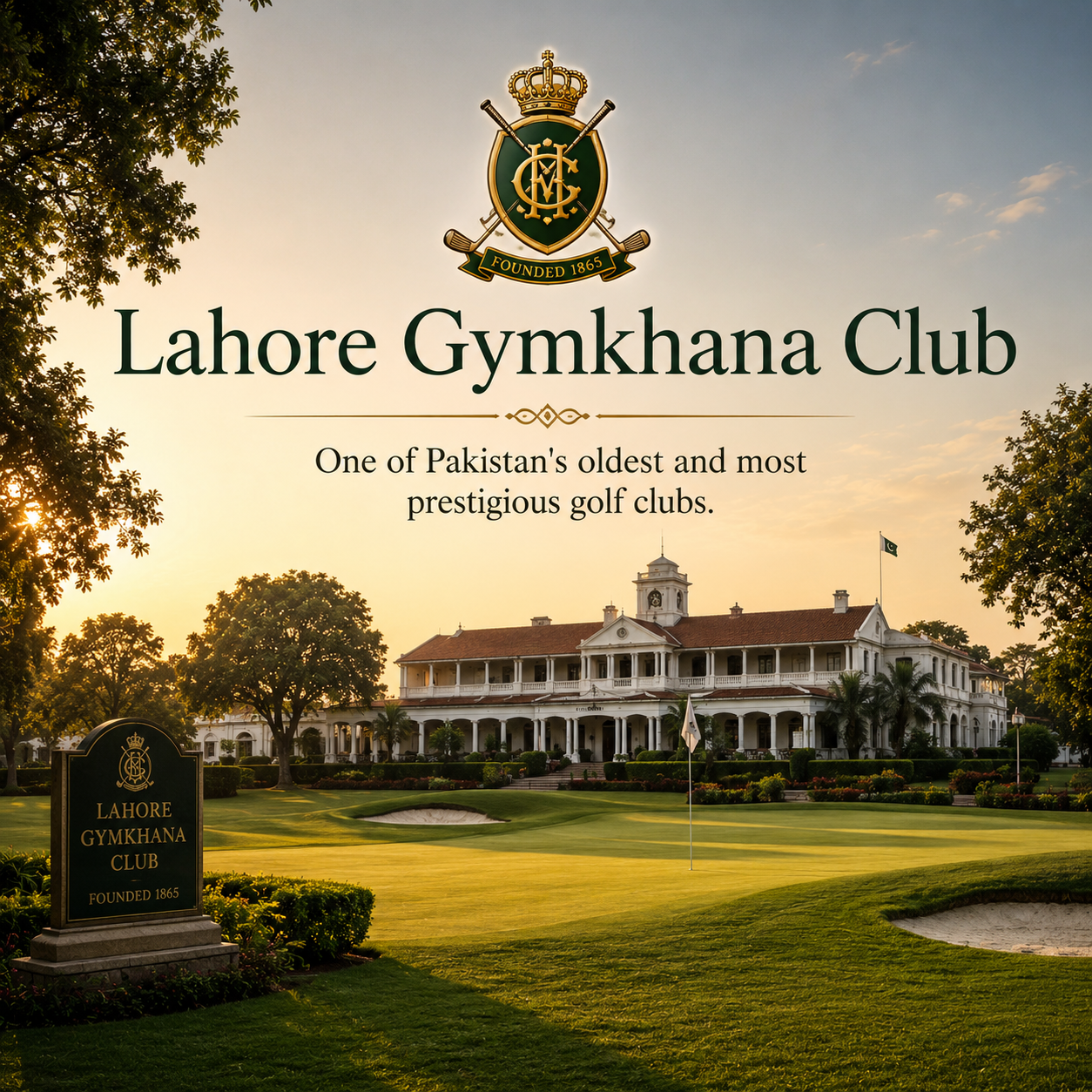 The colonial pavilion and first tee at Lahore Gymkhana Club.