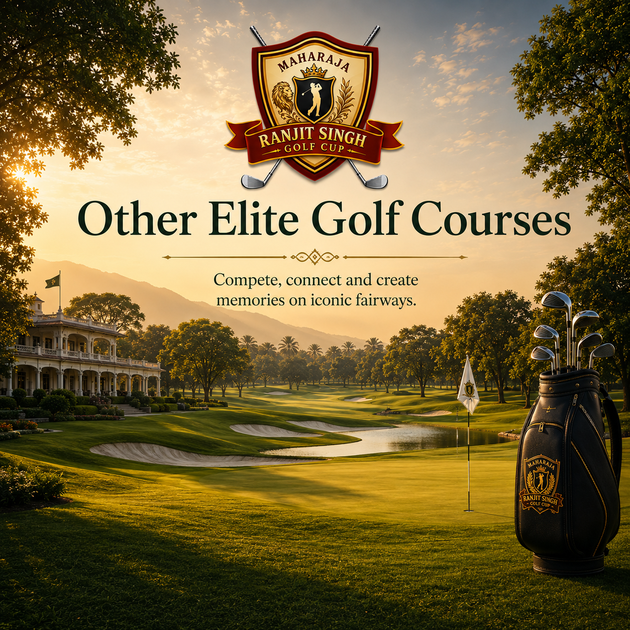 An avenue of mature trees framing a fairway at first light.