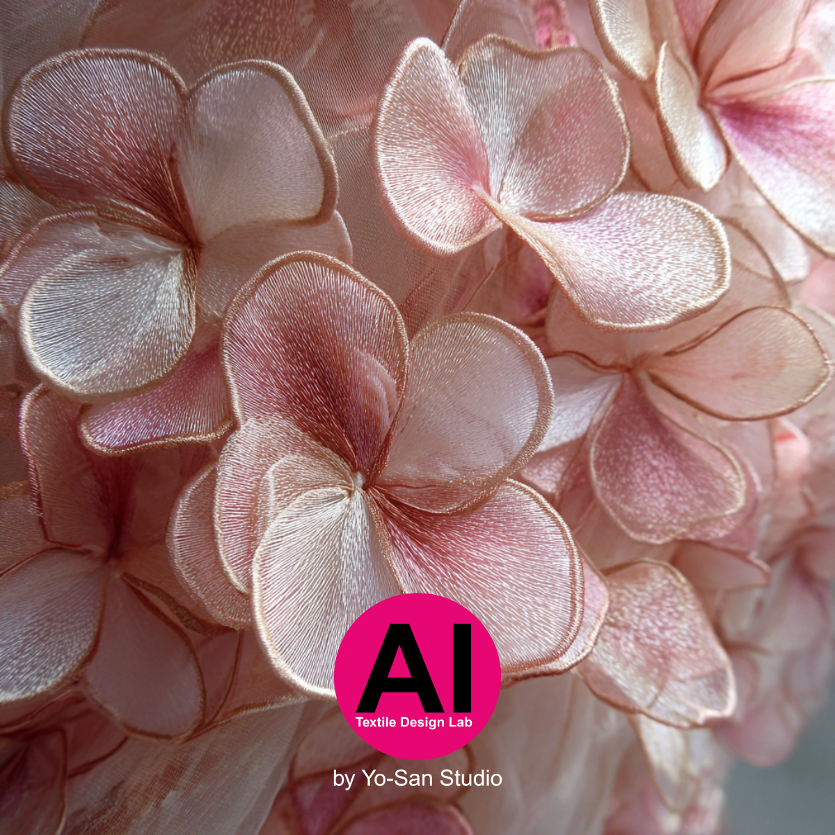 Layered organza floral textile with blush appliqué and silk thread detailing.