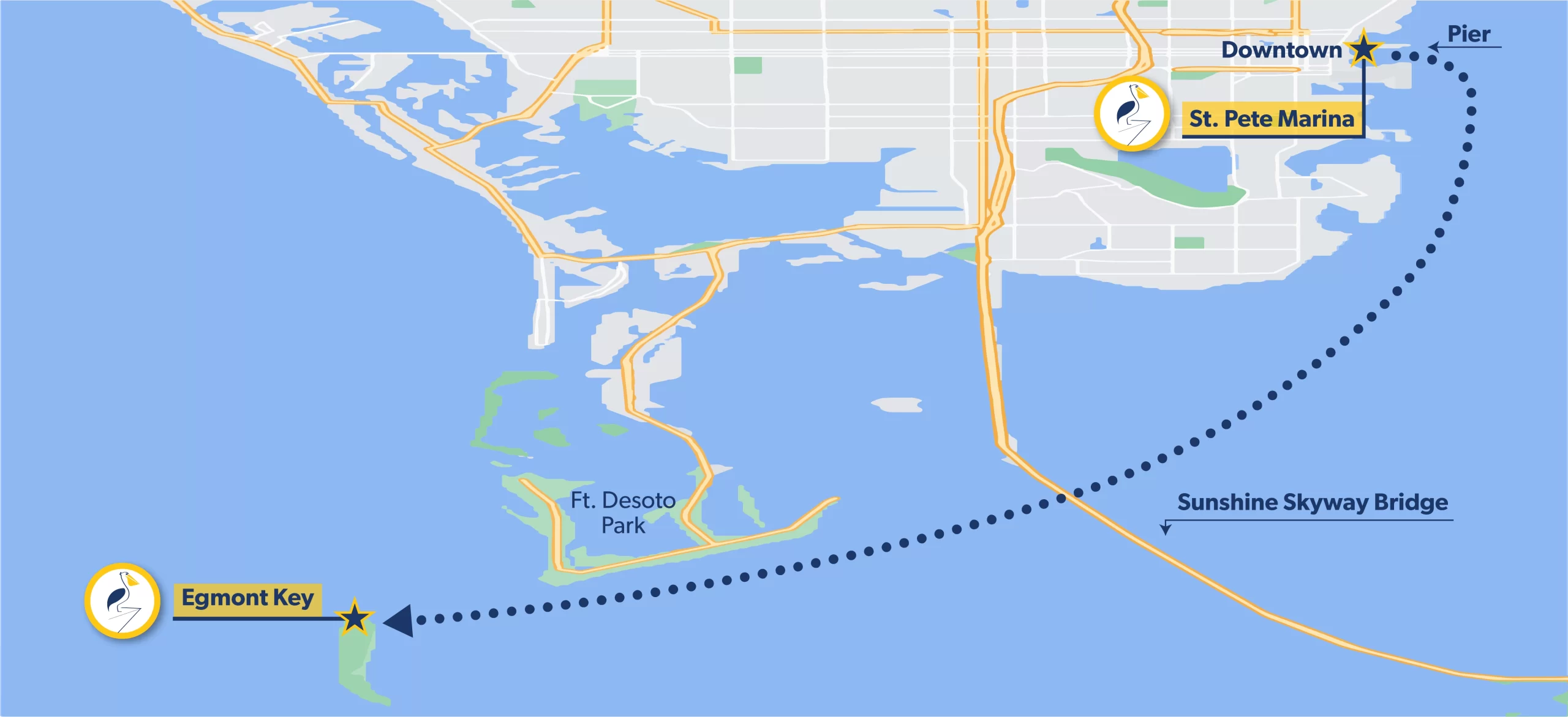 A map of the route that The Pelican takes to get from the St. Pete Pier to Egmont Key