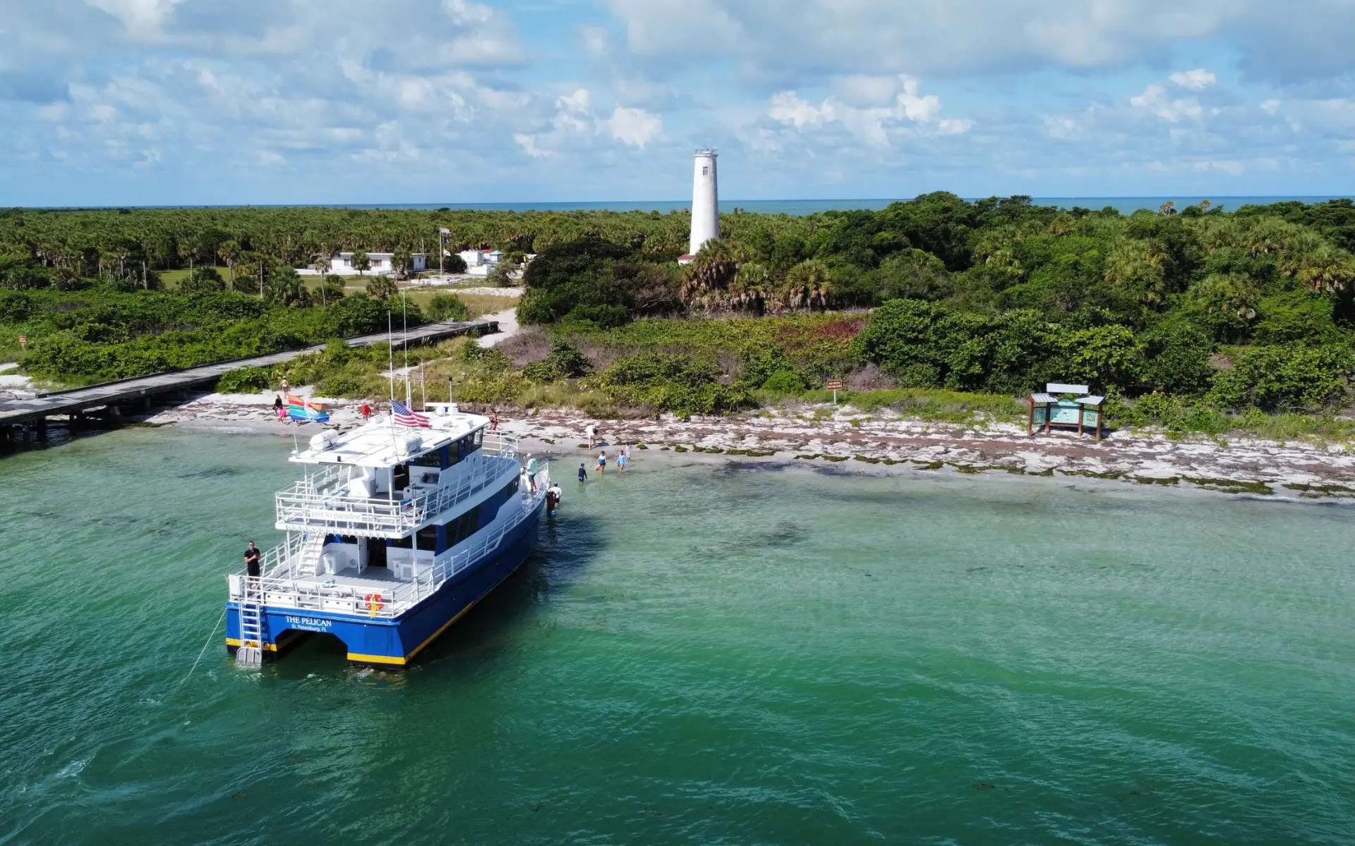 The Pelican Boat Tour arriving at Egmont Key