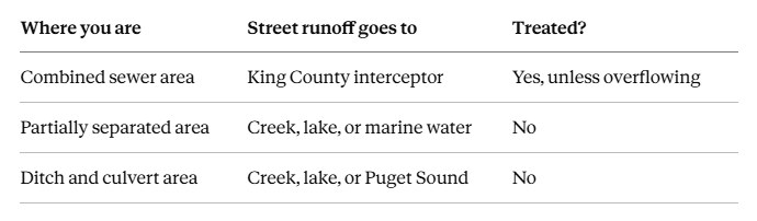Table showing where street runoff goes in King County sewer system areas.