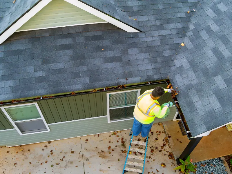 Gutter cleaning technician removing leaves from a roof gutter.