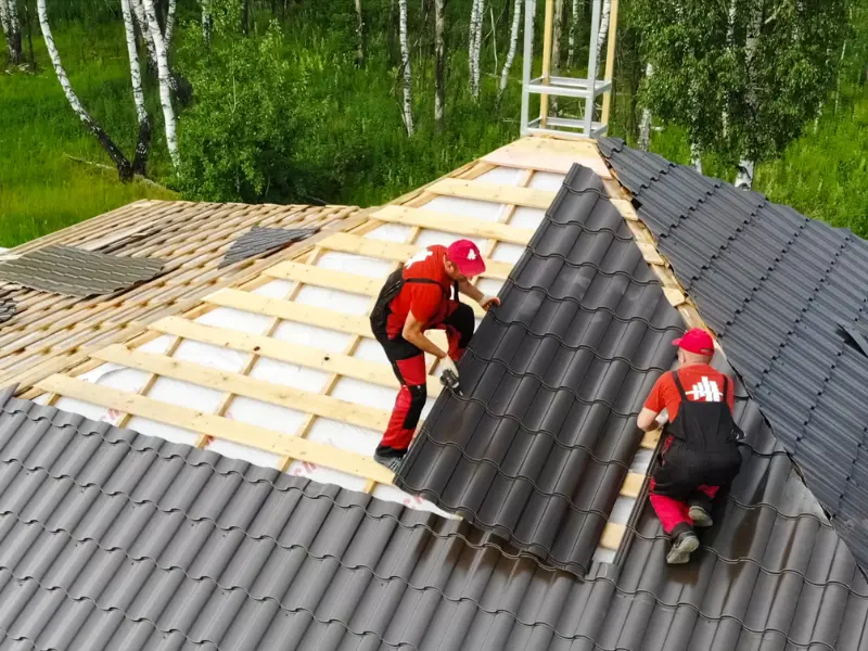 Roofing crew installing new metal tile panels during a full roof replacement.