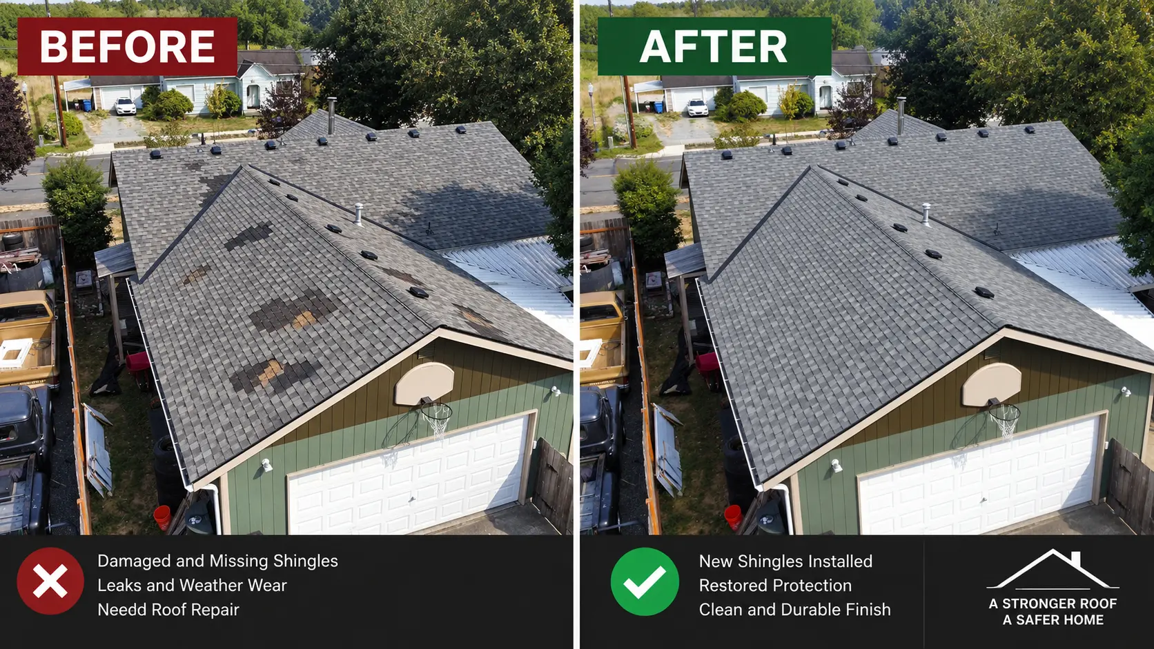 Before and after roof repair on a garage roof, showing damaged and missing shingles restored with new weatherproof shingles