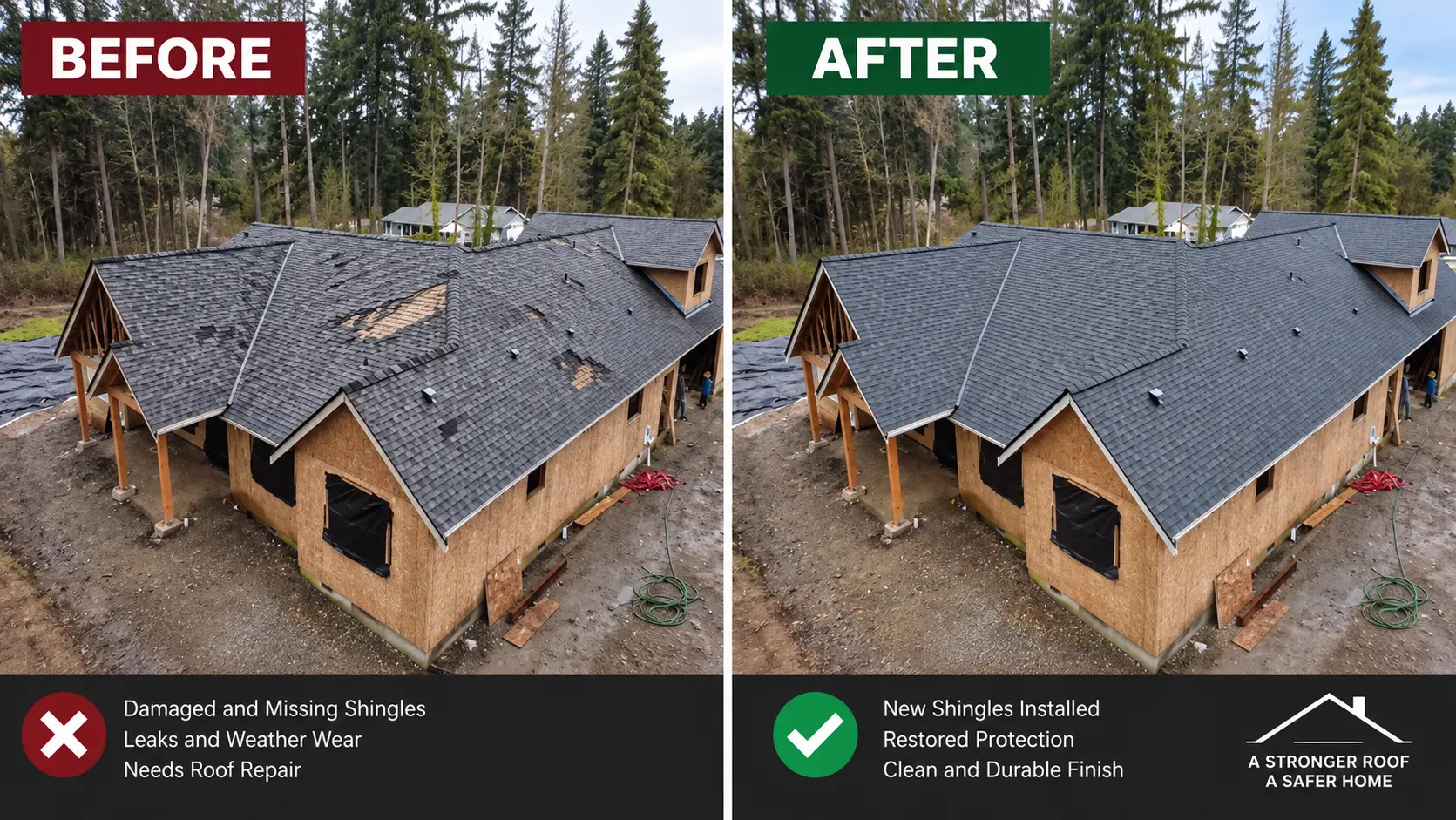 Before and after roof repair on a new construction home surrounded by forest, showing damaged shingles replaced with new durable shingles.