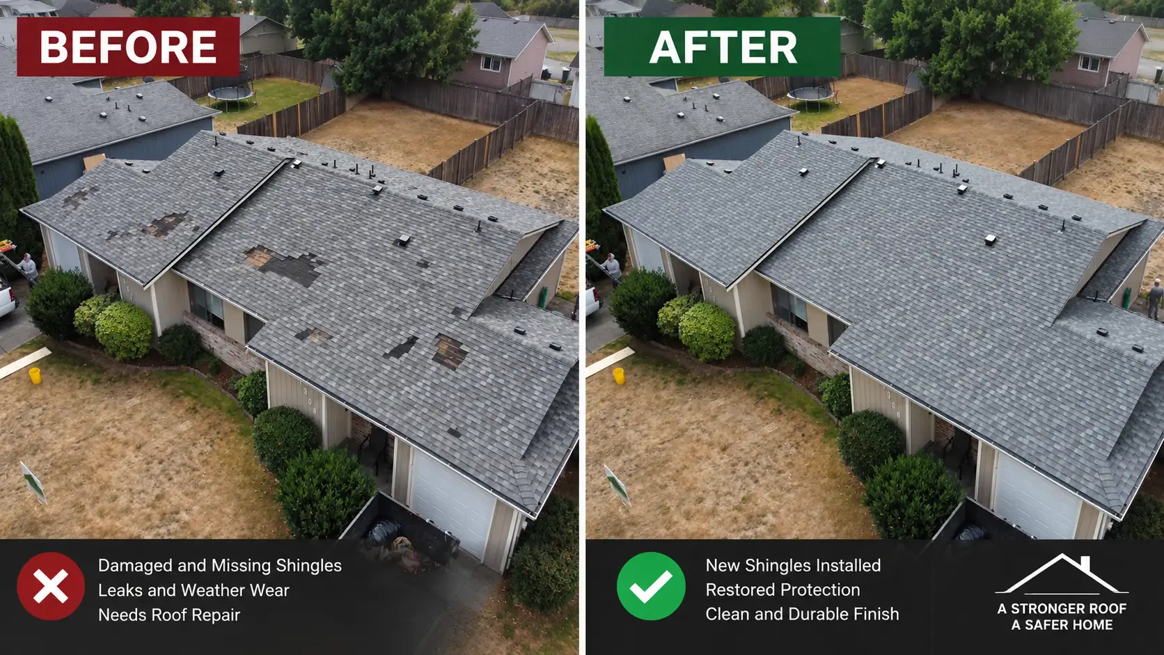 Before and after roof repair on a two-story home, showing worn and damaged shingles replaced with a clean, durable new roof.