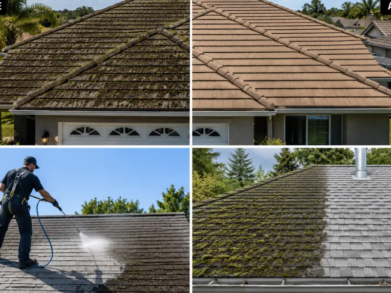 Split view of a shingle roof before and after professional cleaning, moss and algae removed. Split view of a shingle roof before and after professional cleaning, moss and algae removed.