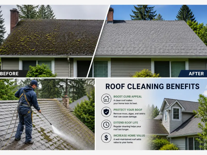 Roof cleaning before and after comparison with infographic on benefits: curb appeal, roof protection, extended lifespan, home value. Roof cleaning before and after comparison with infographic on benefits: curb appeal, roof protection, extended lifespan, home value.