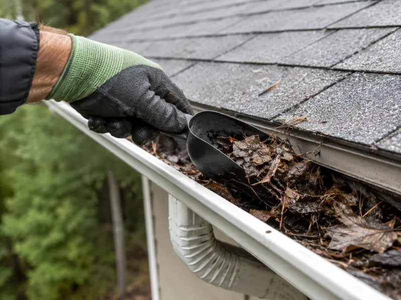 Close-up of a gloved hand using a scoop to clear wet leaves and debris from a gutter. Close-up of a gloved hand using a scoop to clear wet leaves and debris from a gutter.