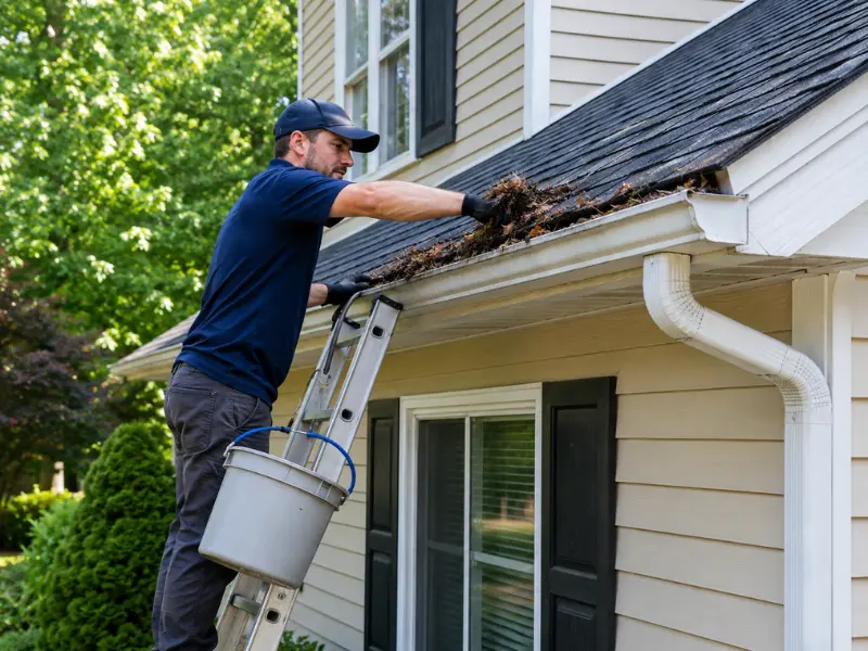 Worker on a ladder removing leaves and debris from a house gutter by hand. Worker on a ladder removing leaves and debris from a house gutter by hand.