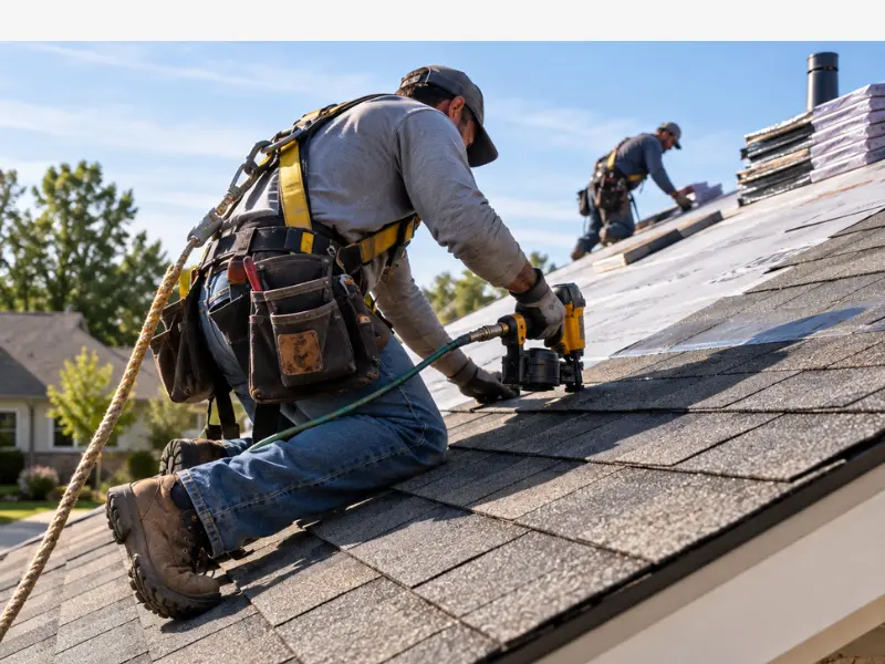 Roofing contractor wearing safety harness installing asphalt shingles with nail gun.