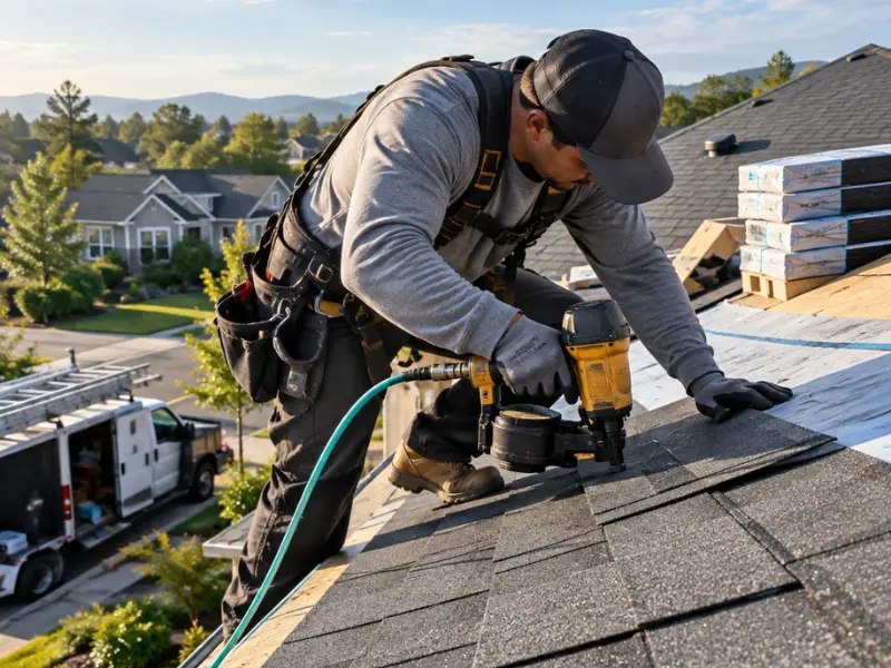 Roofing contractor nailing shingles into place with residential neighborhood visible below.