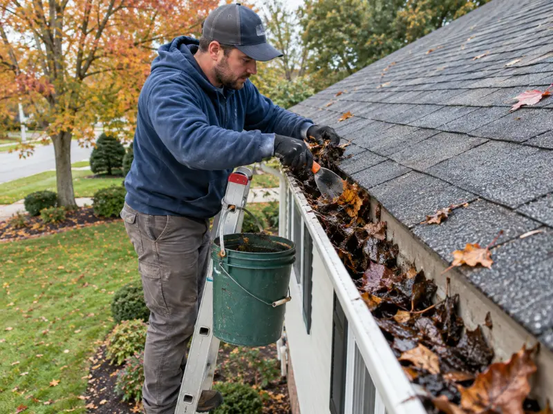 Gutter cleaning technician on a ladder scooping wet fall leaves out of a roof gutter with a bucket hanging beside him. Gutter cleaning technician on a ladder scooping wet fall leaves out of a roof gutter with a bucket hanging beside him.