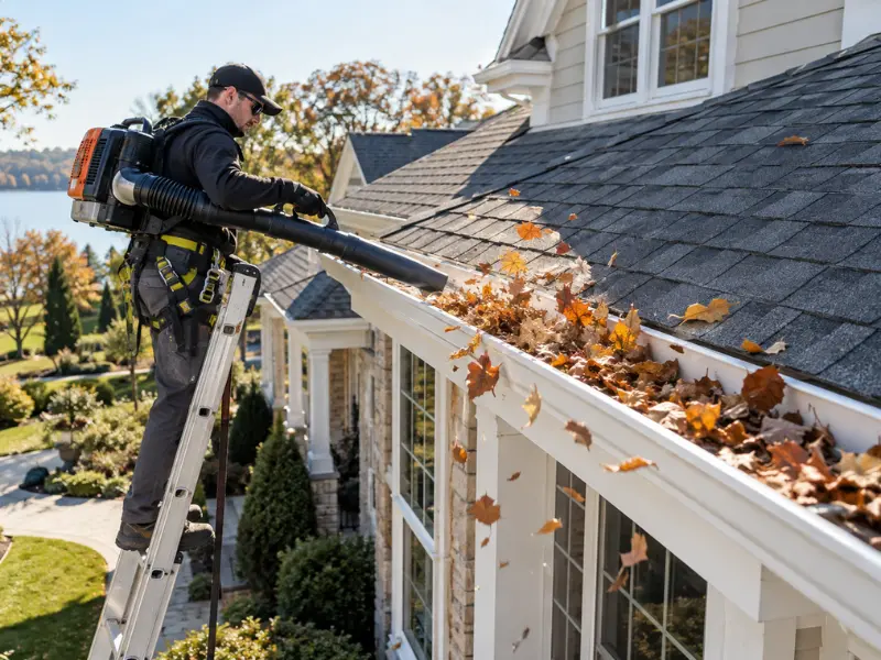 Gutter cleaning professional on a tall ladder using a backpack leaf blower to clear leaves from the gutters of a large home. Gutter cleaning professional on a tall ladder using a backpack leaf blower to clear leaves from the gutters of a large home.