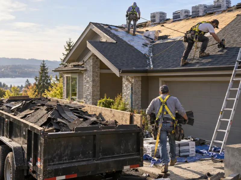 Roofing crew installing new shingles and hauling away old roofing debris during a full roof replacement. Roofing crew installing new shingles and hauling away old roofing debris during a full roof replacement.