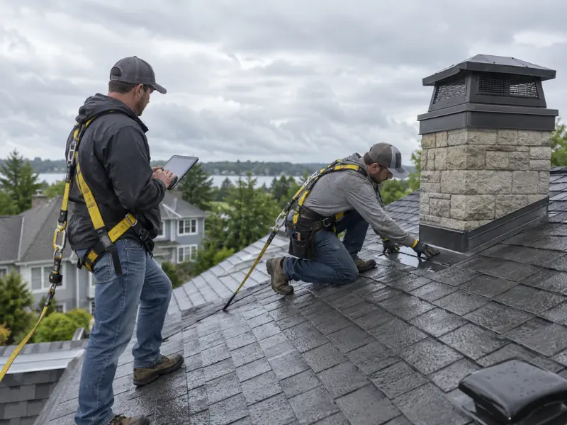 Roofers wearing safety harnesses inspecting shingles near a stone chimney on a steep roof. Roofers wearing safety harnesses inspecting shingles near a stone chimney on a steep roof.