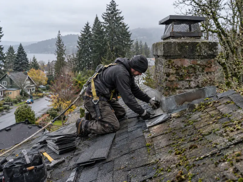 Roofing contractor in a safety harness replacing shingles and flashing near a brick chimney on a steep roof overlooking a lake. Roofing contractor in a safety harness replacing shingles and flashing near a brick chimney on a steep roof overlooking a lake.