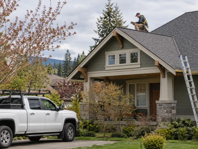 Local roofing contractor on a ladder harness working on the roof of a craftsman-style home with a work truck parked in the driveway. Local roofing contractor on a ladder harness working on the roof of a craftsman-style home with a work truck parked in the driveway.