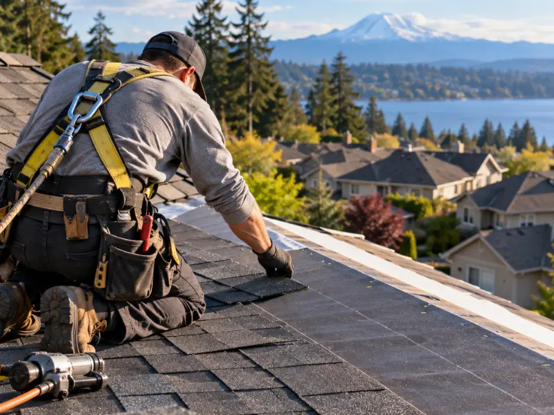 Roofing contractor in a safety harness installing new shingles on a roof with a lake and mountain view in the background. Roofing contractor in a safety harness installing new shingles on a roof with a lake and mountain view in the background.