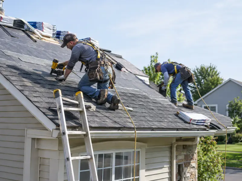Two roofing contractors in safety harnesses installing new asphalt shingles on a residential roof. Two roofing contractors in safety harnesses installing new asphalt shingles on a residential roof.