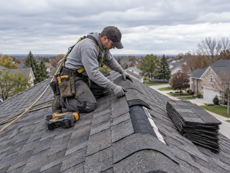 Roofing technician in a safety harness replacing damaged shingles on a residential roof under an overcast sky.