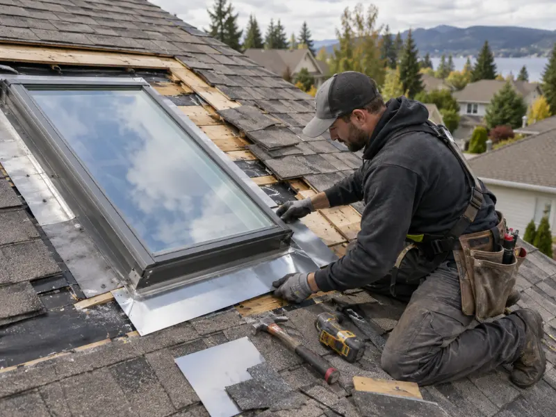 Roofing technician installing new metal flashing around a skylight during a roof repair with a lake view in the background.