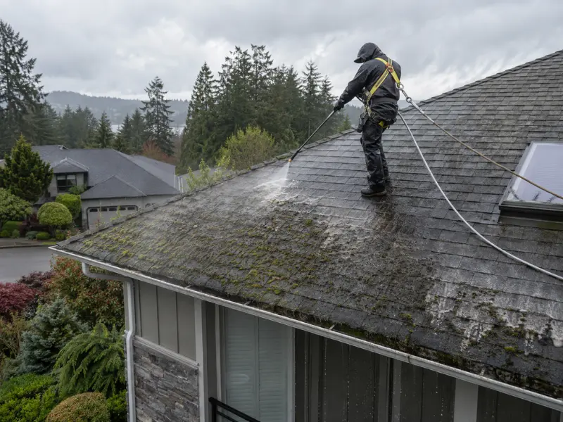 Safety-harnessed roof cleaner power washing a moss-covered roof on a rainy day. Safety-harnessed roof cleaner power washing a moss-covered roof on a rainy day.