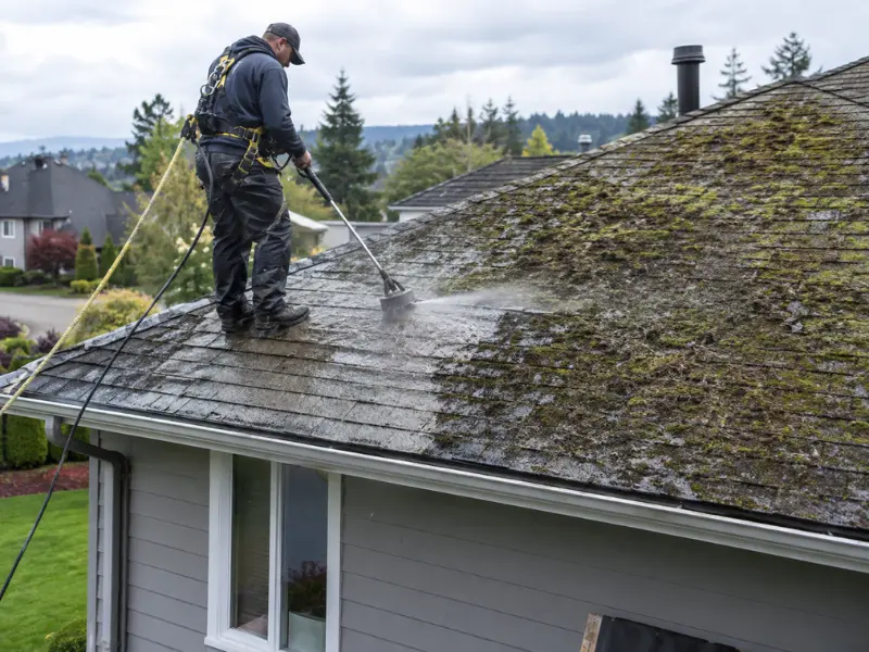 Roof cleaning technician using a pressure washer to remove moss from a shingle roof. Roof cleaning technician using a pressure washer to remove moss from a shingle roof.