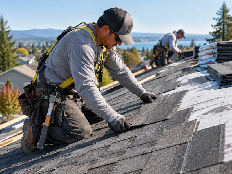Roofing crew installing new asphalt shingles on a home with a lake view during a new roof installation.