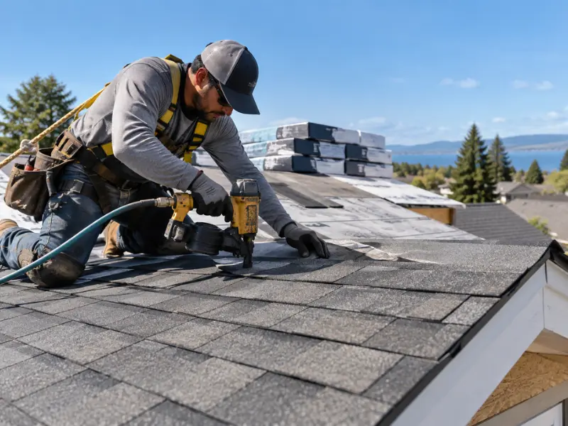 Roofer using a nail gun to install asphalt shingles during a new roof installation with material bundles staged nearby.