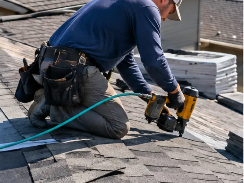 Roofing contractor using a pneumatic nail gun to install new shingles during a roof repair.