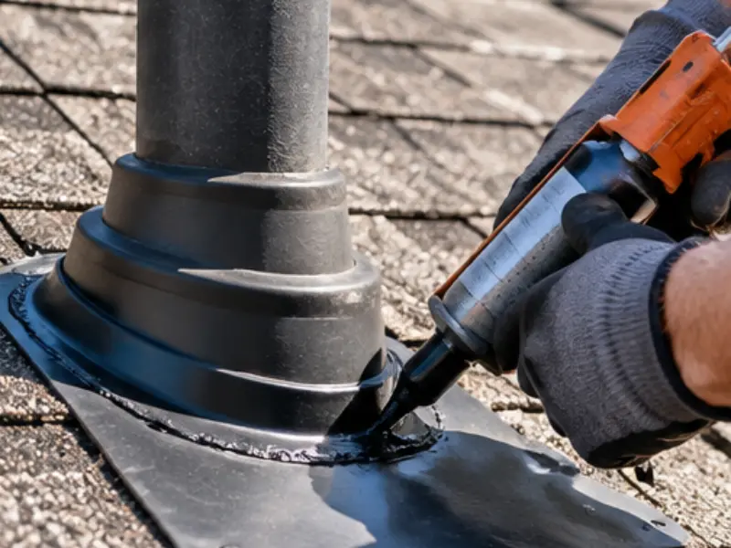 Roofer applying sealant around a vent pipe boot and flashing to fix a roof leak.