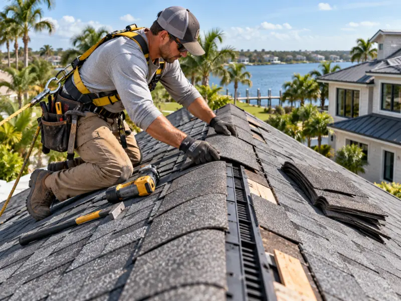 Roofer in a safety harness replacing shingles along a ridge vent during a roof repair.