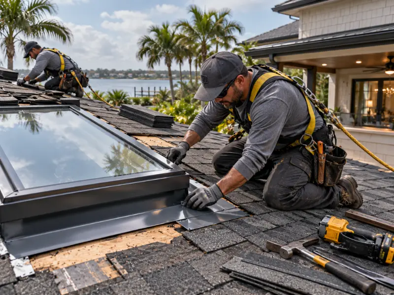 Roofer in a safety harness installing metal flashing around a skylight to prevent roof leaks.