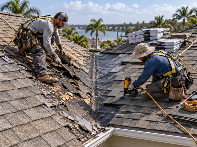 Two roofers in safety harnesses removing damaged shingles and installing new roofing near a waterfront home.