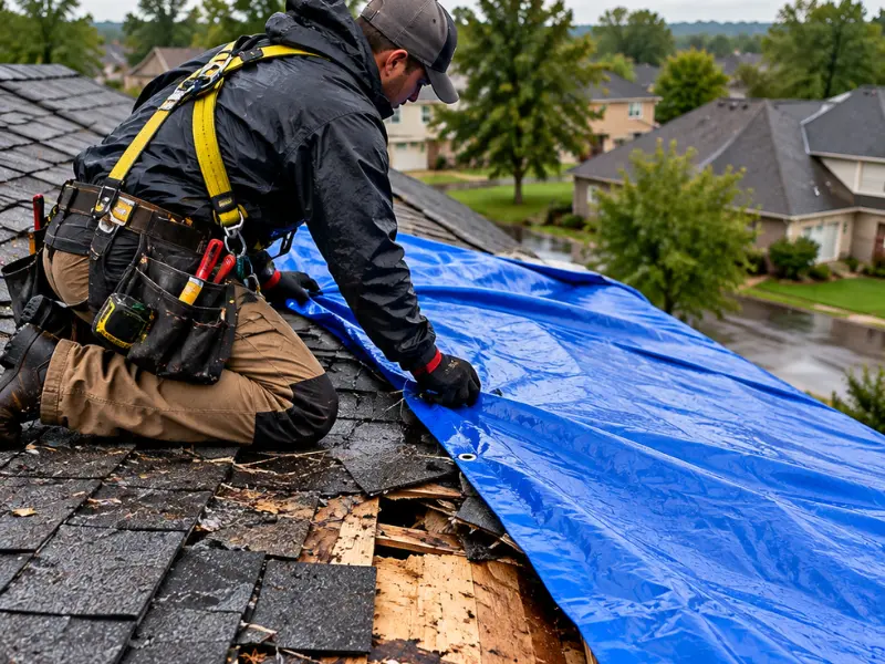 Roofer in a safety harness securing a blue tarp over a damaged section of a residential roof during emergency repair. Roofer in a safety harness securing a blue tarp over a damaged section of a residential roof during emergency repair.