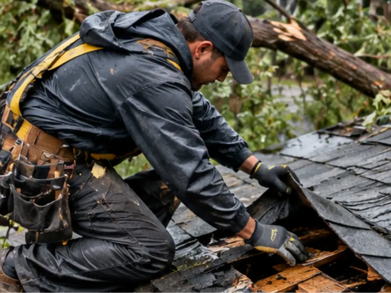 Roofer in a safety harness inspecting storm-damaged shingles and exposed roof decking near a fallen tree branch.