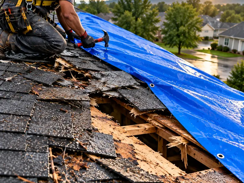 Roofer nailing down a blue tarp over storm-damaged shingles and exposed roof decking after a storm. Roofer nailing down a blue tarp over storm-damaged shingles and exposed roof decking after a storm.