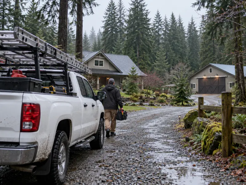 Roofing contractor arriving at a rural Eatonville home with a ladder-equipped work truck on a wet gravel driveway surrounded by tall evergreen trees.