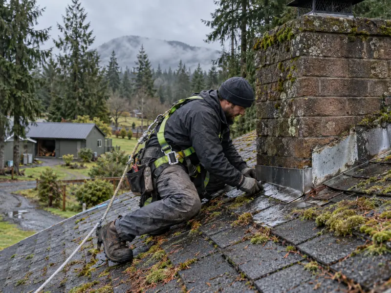 Roofer repairing chimney flashing and moss-covered shingles on a rural roof in wet Pacific Northwest conditions.