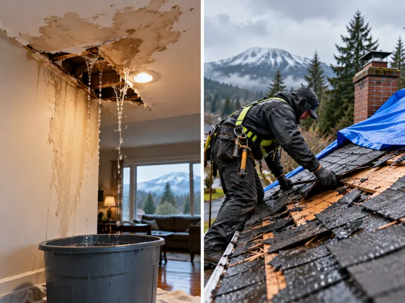 Roofer in a safety harness repairing storm-damaged shingles and exposed decking where a fallen tree crashed onto a home’s roof.