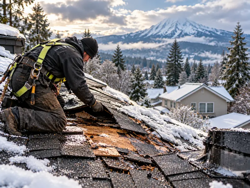 Roofer in a safety harness replacing damaged shingles and exposed roof decking on a snowy roof during winter roof repair.