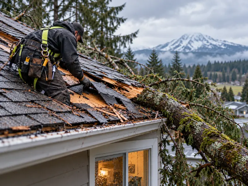 Roofer in a safety harness repairing storm-damaged shingles and exposed decking where a fallen tree crashed onto a home’s roof.